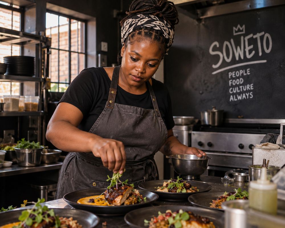 A chef plating dishes in her Soweto kitchen.