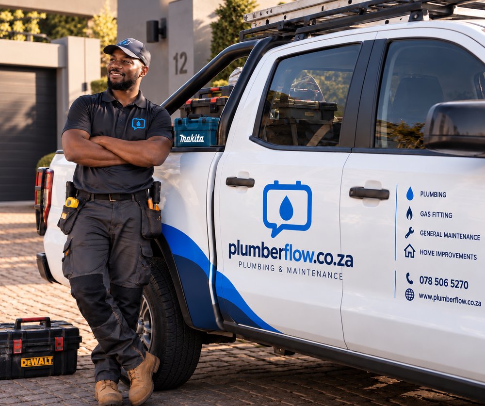 A plumber beside his branded bakkie on a customer's driveway.