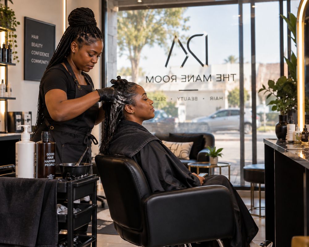 A stylist working on a client in her salon, her logo on the front window.